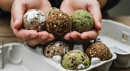 Hands Gently Arranging Homemade Seed Balls Resembling Natural Eggs in a Carton, Celebrating a Happy Easter Day Activity