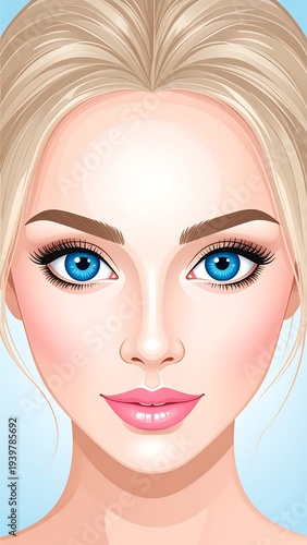 A close-up illustration of a fair-skinned female face with blue eyes and blonde hair. The style is digitally rendered