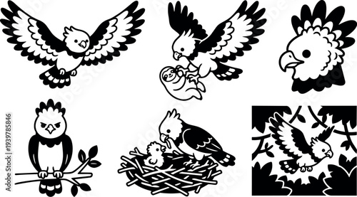 Flat vector cockatoo icon set showing flying carrying chick perched nest scene and head close up in bold black silhouette graphic
