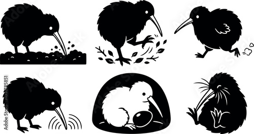 Silhouette vector kiwi bird icon set showing six poses including probing, pecking, running, nesting, scratching and preening in flat black