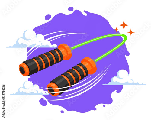 Vibrant jump rope with orange and black handles on purple background