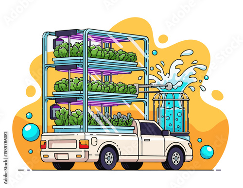 Modern hydroponic farm on truck with fresh greens and water system
