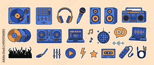 Vibrant Music Icons: A collection of meticulously designed icons captures the essence of music, DJ culture, and entertainment. Perfect for web design, apps, and creative projects.