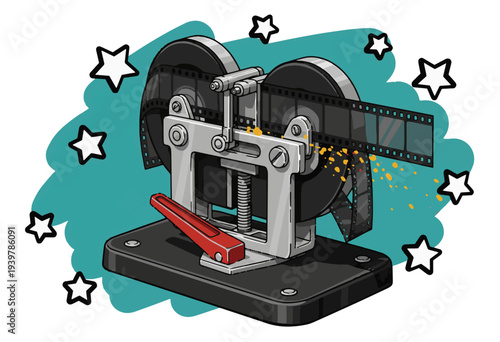 Vintage film projector with red lever and stars on teal background