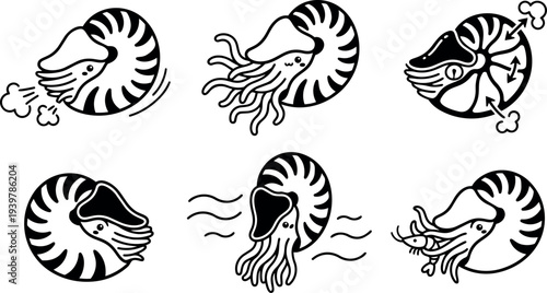 Minimalist line art nautilus icon set showing six shell views with tentacles and swimming motion in black and white closeup