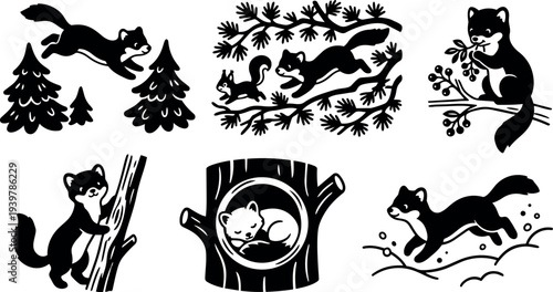 Stencil silhouette forest animals set showing pine marten poses climbing sleeping in hollow running and feeding on branches playful close up