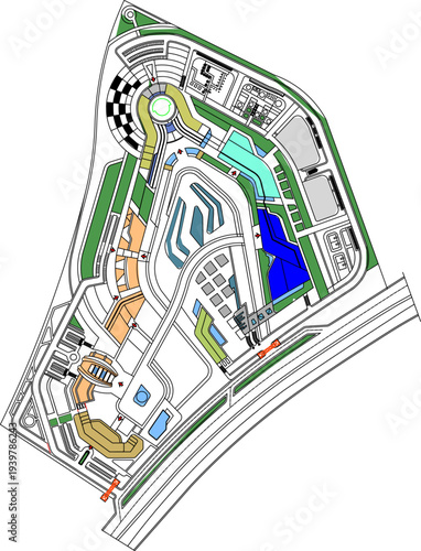 Colorful site plan of racing circuit or motorsport facility showing track layout, buildings, parking areas, water features, and landscaped zones in aerial view.