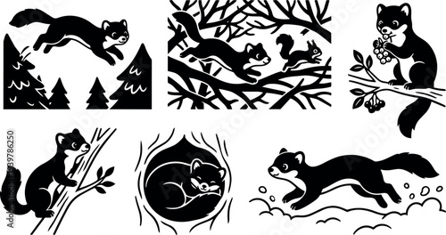 Silhouette vector set of playful pine martens leaping, climbing branches, eating berries, sleeping in nest, close up forest scenes black silhouettes