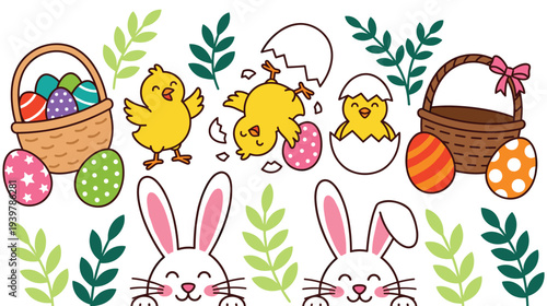 Cute easter banner with baby chicks, bunnies, baskets, decorated eggs and leaves