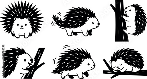Line art charming hedgehog character set showing six cute poses including front view, walking, climbing tree, chewing, sleeping, playful composition