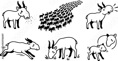 Line art goat icon set showing six poses including sneezing, bleating, running, grazing, herd formation, and mother with kid close up