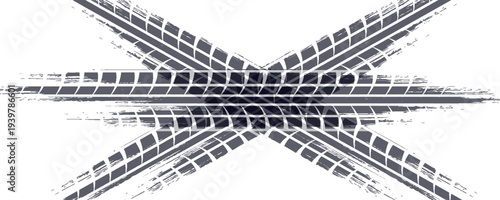 Tire track. Car, bike, motorcycle tyre mark with grunge effect isolated on white background. Wheel footprint on the road. Top view of rubber protector mark