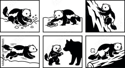 Comic book style sequential panels showing a fierce honey badger in actions climbing running fighting confronting prey black and white