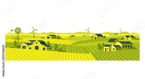 Idyllic Countryside Farm Landscape with Windmills and Green Fields