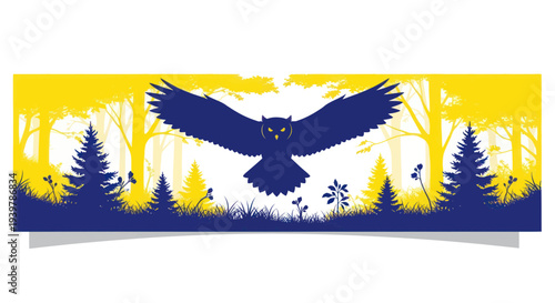 Majestic Owl Flying Over Silhouetted Forest in Blue and Yellow