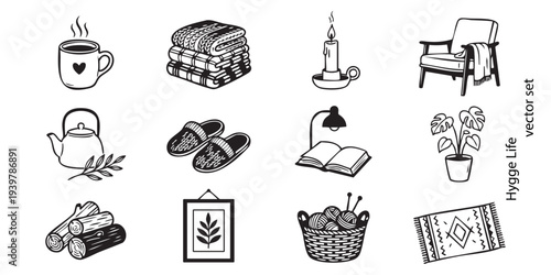 A cozy hygge-inspired collection: minimalist hand-drawn home comforts and Scandinavian interior sketches. Vector set on a transparent background.