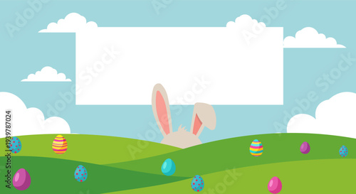 Easter bunny ears peeking over grassy hills with colorful eggs and blank banner