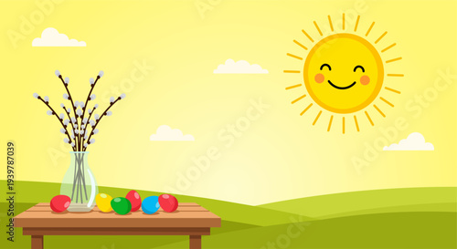 Happy Easter scene with pussy willow branches and colorful eggs under a smiling sun