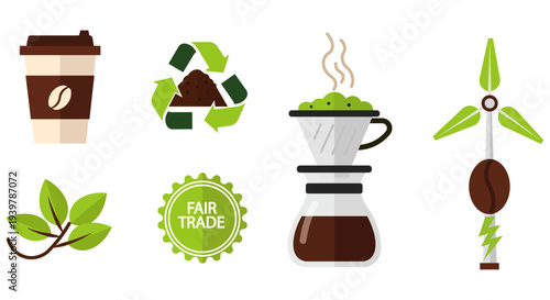 Sustainable coffee production and consumption icons including fair trade and renewable energy