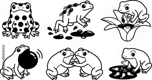 Line art frog icon set showing spotted toad, jumping frog, flower perch, bubble call, kissing pair, tadpole spawning monochrome vector