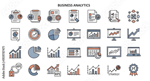 A collection of business analytics icons and graphics in a flat, minimal design style