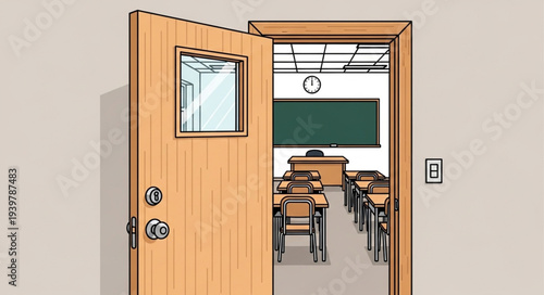 Open classroom door revealing empty desks and blackboard.