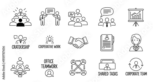 A set of minimalist line art icons depicting various teamwork and collaboration concepts in a corporate setting.