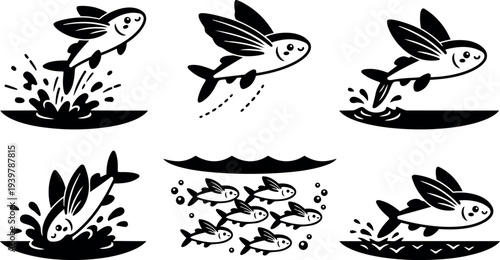 Flat design set of six flying fish icons showing jumping poses, school formation, splashes, side view, playful nautical silhouette pack