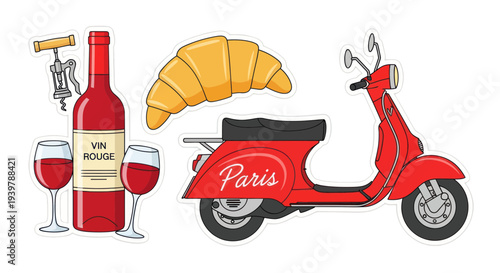 French Cafe Scene: Red Wine, Croissant, Scooter, Corkscrew, Wine Glasses