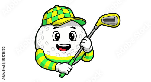 Happy Golf Ball Character with Club and Hat, Cartoon Style