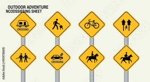Outdoor adventure signs indicating various activities like hiking, cycling, and horseback riding on yellow diamond-shaped road signs.