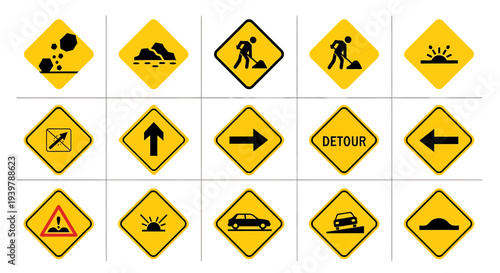 Collection of yellow road signs with various warning and directional symbols arranged in a grid pattern