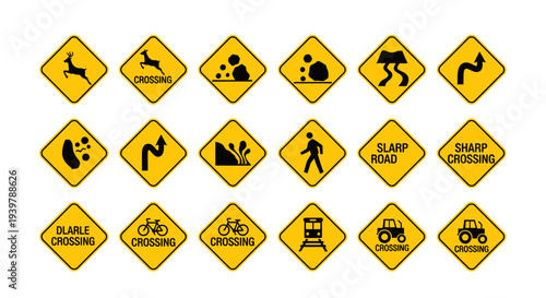 Collection of yellow diamond-shaped warning signs with black silhouettes illustrating various cautionary road signs and symbols