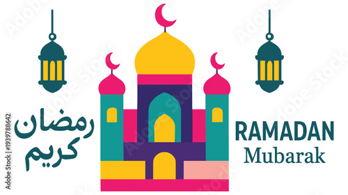 Ramadan mubarak greeting banner with colorful mosque and lanterns art