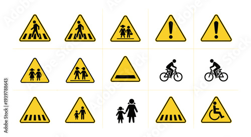 Collection of warning signs for pedestrians and cyclists displayed on a grid, indicating caution and safety measures, illustrated in a graphic style