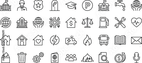 Public services line icons set, government community infrastructure safety health education symbols, civic utilities concepts, minimal outline style, cad drawing flat vector illustration