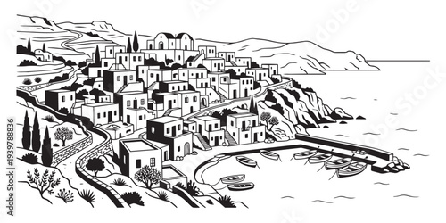 Greek village vector illustration, white houses, coastal town, seaside scenery, Mediterranean architecture