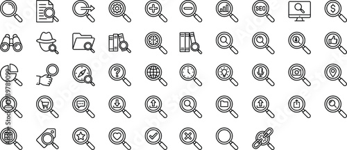 Search and analysis icon set, magnifying glass symbols, SEO research tools, data exploration elements, outline style, cad drawing flat vector illustration