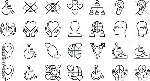 Set of outline icons representing accessibility, human rights, global diversity, inclusion, disability symbols, love, peace, and universal gender equality concepts for design projects vector.
