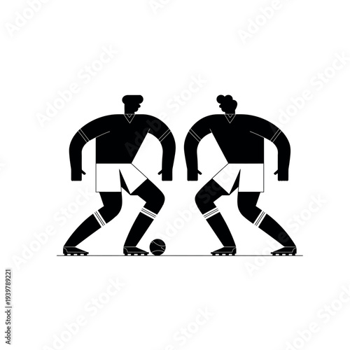 Black silhouettes of two soccer players kicking a ball
