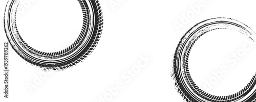Black tire marks on road, Black rubber tire marks and tread marks, Tire trace track wheels texture and background, Auto tire tread grunge, Car wheel tyre tread track black tyre print, Top view.