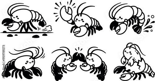 Line art vector close up playful shrimp characters performing gestures and interacting in six panel layout black illustration front facing