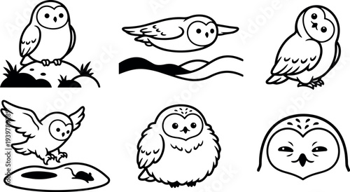 Line art owl icon set with six playful poses close up aerial dive perched head tilt and hunting mouse vector illustrations