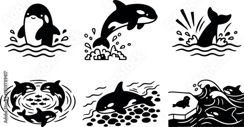 Flat design black and white orca icon set showing six playful killer whale scenes in minimalist nautical vector composition, high contrast