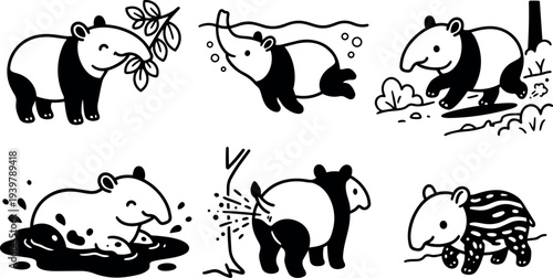 Line art playful tapir character set showing smiling tapir eating leaves swimming running wallowing and striped baby vector minimalist icons