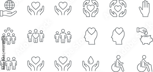 Social care and community icon set, black and white line icons, support, mental health, inclusivity, vector illustration pack