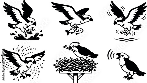 Tattoo flash vector set of six osprey icons showing diving clutching fish nest calling talons bold black line art