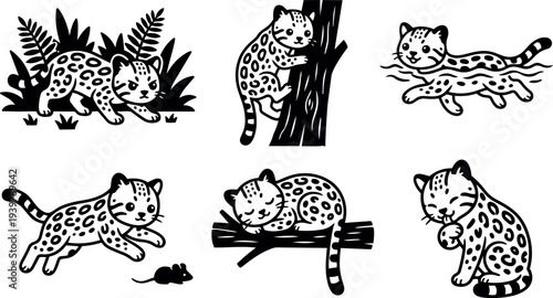 Tattoo flash six spotted wildcat kitten vignettes showing stalking climbing swimming leaping sleeping grooming bold line art high contrast playful isolated
