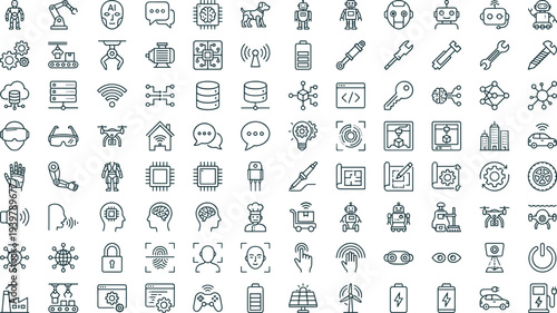 Technology and AI icon collection, robotics vector symbols, digital interface design, cad drawing flat vector illustration, black graphic artwork