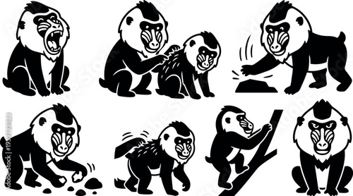 Tattoo flash mandrill character set showing eight expressive baboon poses grooming, foraging, climbing, reaching, sitting, and roaring in bold silhouette